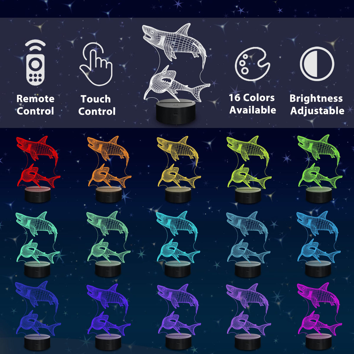 Lampeez 3D Shark Night Light - Multicolored Acrylic Lamp with Remote Control